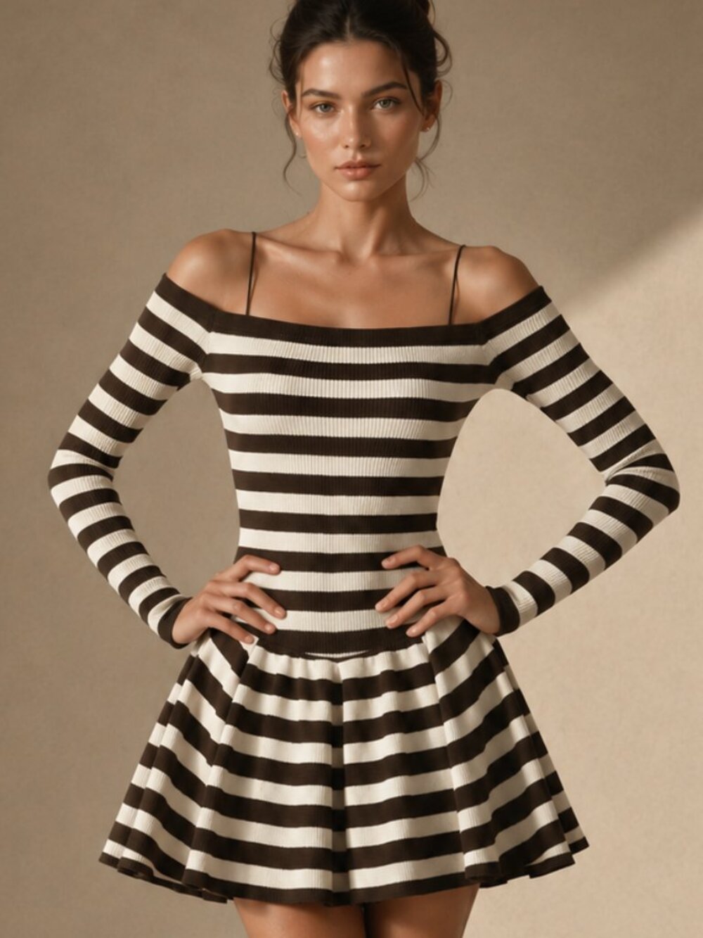 Striped Knit Off Shoulder Lace Up Back Fit & Flare Skater Dress Coquette S